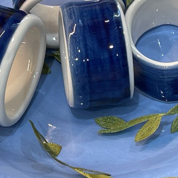 4 Glazed Ceramic Cobalt Blue Napkin Rings - Picture 4 of 10